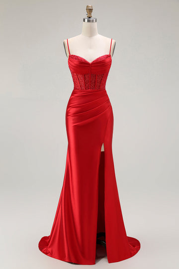Red Mermaid Spaghetti Straps Corset Pleated Long Prom Dress with Slit